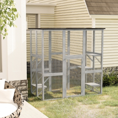 PawHut Large Outdoor Catio Enclosure, Weatherproof Cat House with Asphalt Roof,  Wooden Cat Patio Cage with 6 Balanced Platforms, 71" x 39" x 71", Grey