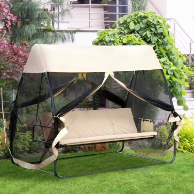Outsunny 3-Seat Outdoor Swing Chair, Porch Swing, Chaise Lounger Bed, Garden Hammock, Converting Flat Bed with Heavy-Duty Steel Stand, Canopy and Netting Walls, Beige