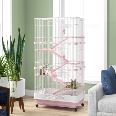 PawHut 32" 6-Level Small Animal Cage with Lockable Wheels, Pink