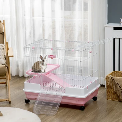 PawHut 2-Level Small Animal Cage with Wheels, Pink
