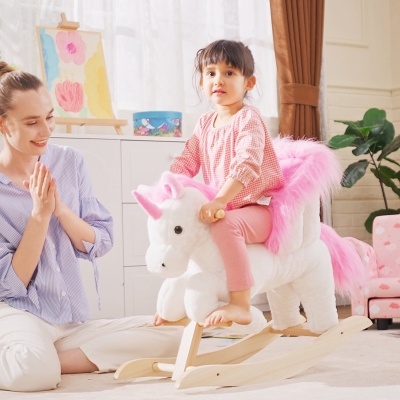 Qaba Baby Rocking Horse, Plush Animal Rocker for Toddlers Aged 18-36 Months, Stuffed Ride Toy with Sounds, Seat Belt, White and Pink