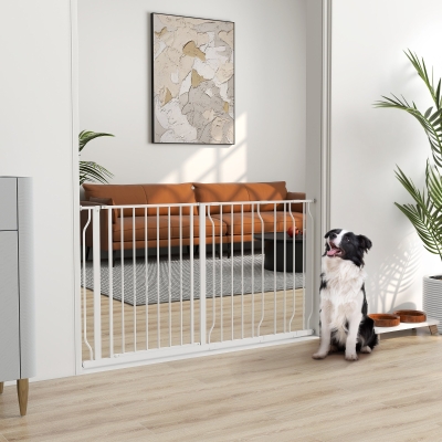 PawHut 30"- 57" Easy Install Pet Gate w/ Door & Double Locking System, Extra Wide Dog Gate for Stairs, Hallways, White