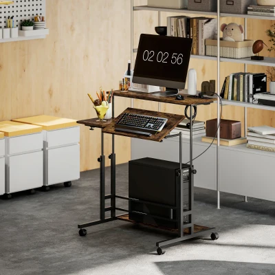 HOMCOM Adjustable Standing Desk with Power Outlets & Wheels, Brown