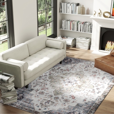 HOMCOM 5x7 Area Rug, Vintage Machine Washable Rug, Non-Slip Carpet for Living Room, Bedroom, Dining Room, Brown and Green