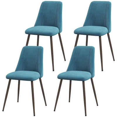 HOMCOM Upholstered Dining Chairs Set of 4, Velvet Accent Chair with Back and Wood-grain Steel Leg for Kitchen, Blue
