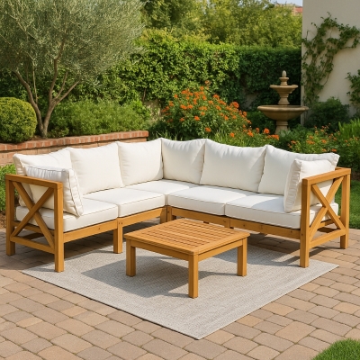 Outsunny 6-Piece Wooden Patio Sofa Sectional Set with 5 Sofas, 1 Coffee Table, 5 Cushions & 8 Pillows, Cream White