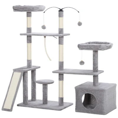 PawHut 53" Cat Tree, Cat Tower with Scratching Posts, Cat Condo, Beds, Platforms, Toy Balls for Indoor Cats, Light Grey