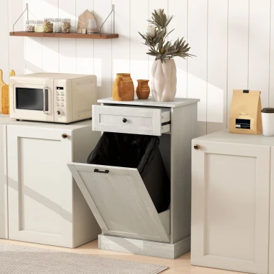 HOMCOM Kitchen Tilt-Out Trash Bin Cabinet with Drawer, Light Gray