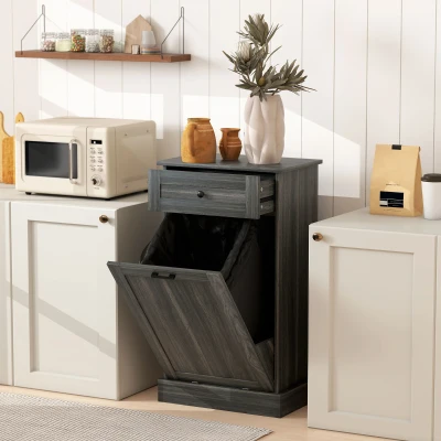 HOMCOM Kitchen Tilt-Out Trash Bin Cabinet with Drawer, Charcoal Gray