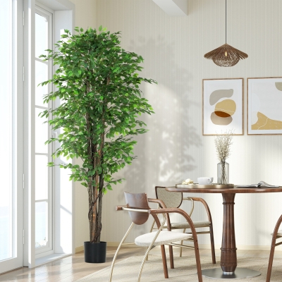 HOMCOM 8ft Tall Artificial Tree, Silk Ficus Tree with 2520 Leaves in Pot, Fake Plant for Home Office Decor