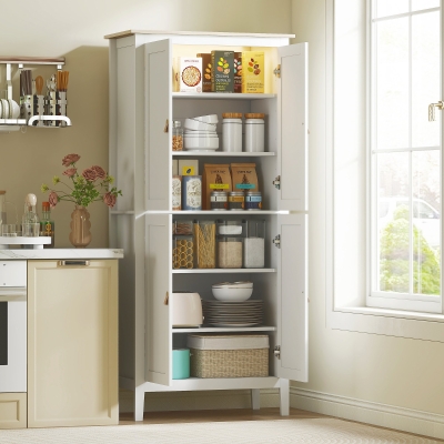 HOMCOM 69.5" Tall Kitchen Pantry Storage Cabinet with Motion Sensor LED Light, Modern Kitchen Pantry Cabinet, White