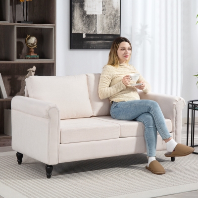 HOMCOM Vintage Loveseat, Upholstered Love Seat Furniture, Chenille-feel Fabric 2 Seater Sofa Couch with Rolled Arms, Gourd-Shaped Rubber Wood Legs for Living Room, Cream White