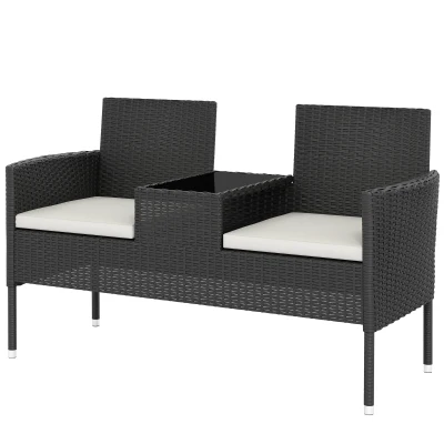 Outsunny Patio Furniture w/ Mid-Table PE Rattan Loveseat w/ Cushion, Cream White