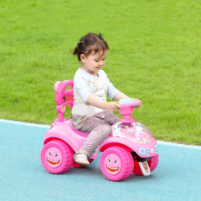 Qaba Toddlers Push Car with Horn, Light, Music, Anti-Over-Backwards Device, Steering Wheel, Under Seat Storage, Pink