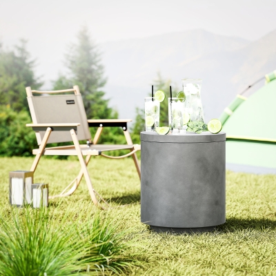 HOMCOM 2.6 Gal Outdoor Side Table, 3-In-1 Concrete Cooler Bar Table with Storage, Removable Ice Bucket and Lid, Light Grey