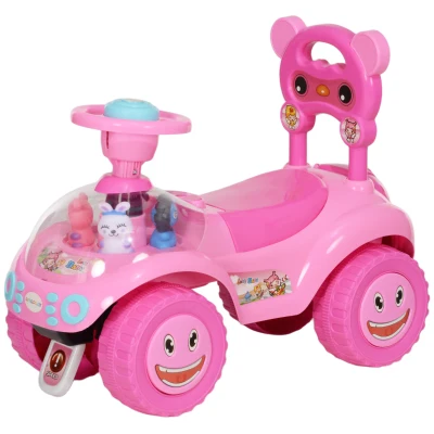 Qaba Toddlers Push Car with Horn, Light, Music, Anti-Over-Backwards Device, Steering Wheel, Under Seat Storage, Pink
