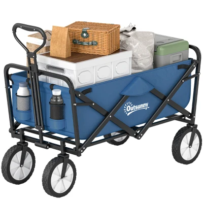 Outsunny Small Collapsible Folding Wagon Cart, Heavy Duty Outdoor Utility Garden Cart with Universal Wheels and Adjustable Handle for Camping Sports Shopping Beach, Navy Blue