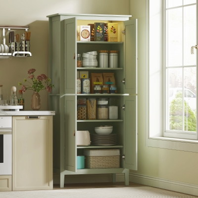 HOMCOM 69.5" Tall Kitchen Pantry Storage Cabinet with Motion Sensor LED Light, Modern Kitchen Pantry Cabinet, Green