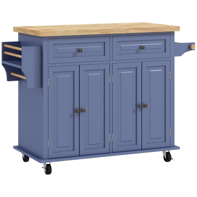 HOMCOM Kitchen Island with Storage, Rolling Trolley Cart with Rubber Wood Top, Spice Rack, Towel Rack, Navy Blue