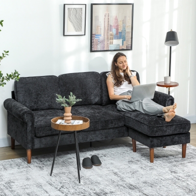 HOMCOM L Shape Sofa, Modern Sectional Couch with Changeable Chaise Lounge, Wooden Legs, Corner Sofa for Living Room, Black