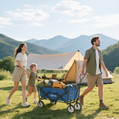 Outsunny Small Collapsible Folding Wagon Cart, Heavy Duty Outdoor Utility Garden Cart with Universal Wheels and Adjustable Handle for Camping Sports Shopping Beach, Navy Blue