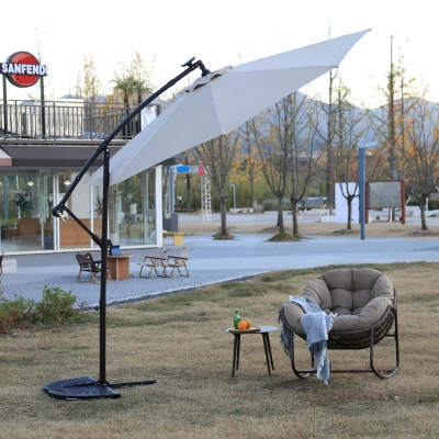10ft Solar LED Offset Hanging Market Patio Umbrella with Steel Frame, khaki