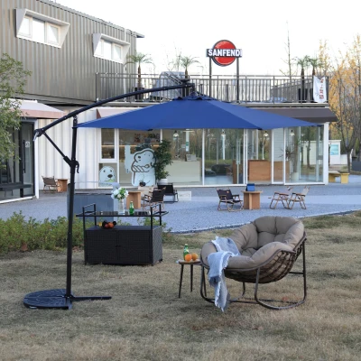 10ft Solar LED Offset Hanging Market Patio Umbrella with Easy Adjustment and Enhanced Stability, Navy Blue