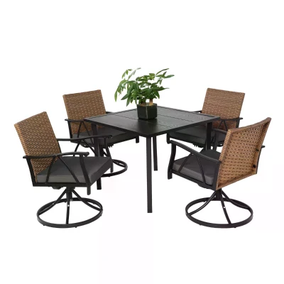 5-Piece Patio Dining Set with 4 Swivel Rocker Chairs, Brown+Grey