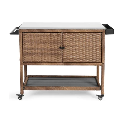 Outdoor Wicker Bar Cart with Wheels, Brown