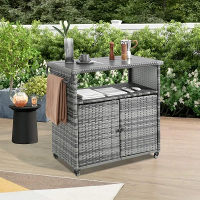 Outdoor Wicker Bar Cart with Wheels, Aqua Grey