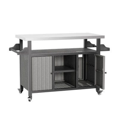 Outdoor Wicker Rolling Cart with Storage Cabinet, Grey