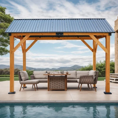 Fir Wood Carport Pavilion Gazebo with Steel Roof, Light Brown