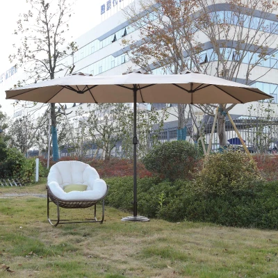 14.8 ft Double-Sided Outdoor Patio Umbrella with Convenient Crank System, khaki