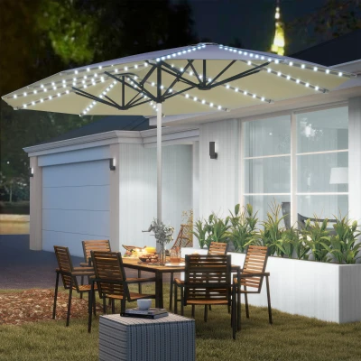 Outsunny 15ft Double-Sided Patio Umbrella with Solar Lights, Cream