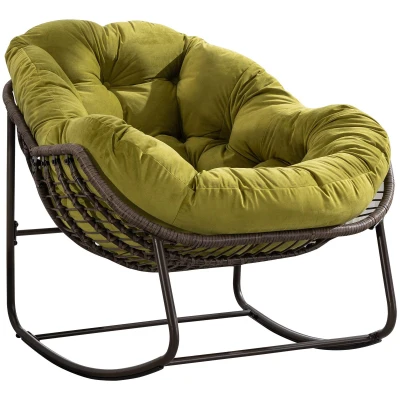 Outdoor Rattan Rocking Chair with Padded Cushion, Olive