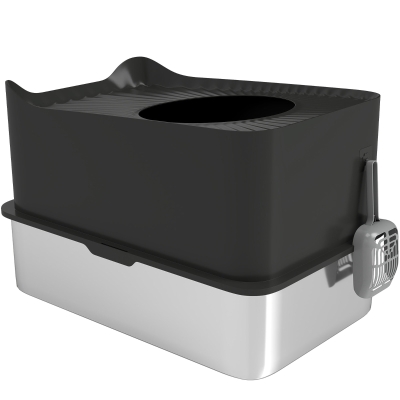 PawHut Extra Large Stainless Steel Enclosed Cat Litter Box, Black