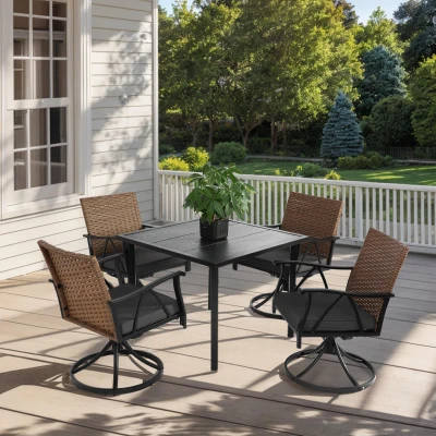 5-Piece Patio Dining Set with 4 Swivel Rocker Chairs, Brown+Grey