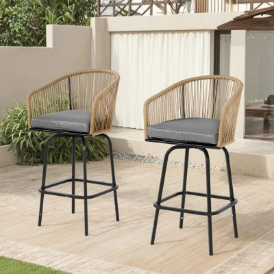 Set of 2 Outdoor Bar Stools with Armrests and Backrest, Grey