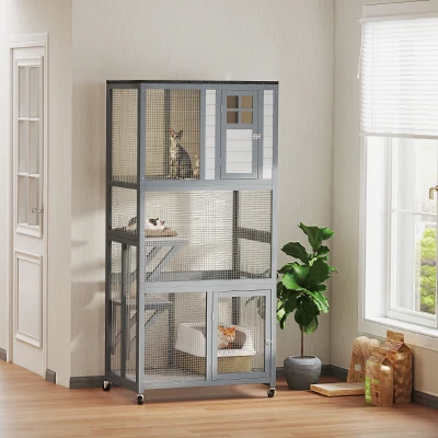PawHut 74" Wooden Outdoor Cat House, Light Gray
