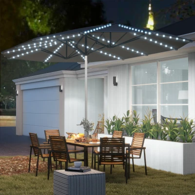 Outsunny 15ft Double-Sided Patio Umbrella with Solar Lights, Gray