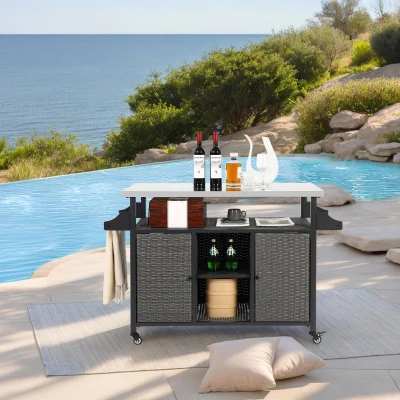 Outdoor Wicker Rolling Cart with Storage Cabinet, Grey