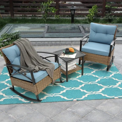 3-Piece Outdoor Rocking Rattan Chair Set with Steel Frame, Blue