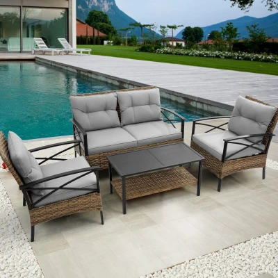 4-Piece Patio Sectional Sofa Set with Cushions and Steel Table, Grey