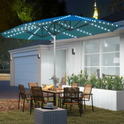 Outsunny 15ft Double-Sided Patio Umbrella with Solar Lights, Blue