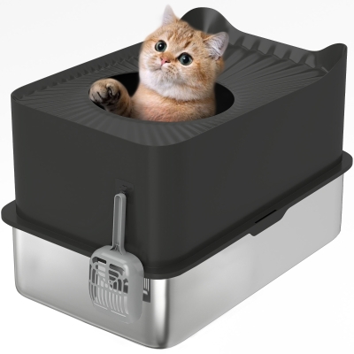 PawHut Extra Large Stainless Steel Enclosed Cat Litter Box, Black