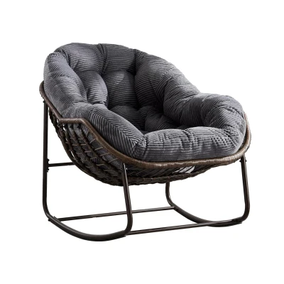 Oversized Outdoor Rattan Rocking Chair with Padded Cushion, Grey