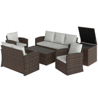 Outsunny 6 Pieces Wicker Patio Furniture Set with Cushions, 7-Seater Rattan Patio Sofa Set with Storage Coffee Table & Side Table, Sectional Outdoor Furniture Set, Cream White