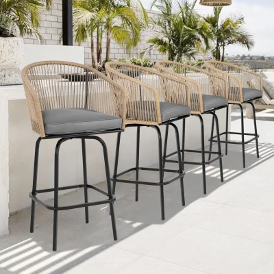 Set of 4 Outdoor Bar Stools with Armrests and Backrest, Grey
