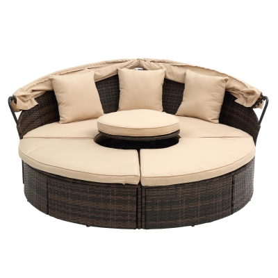 Outdoor Wicker Sofa Bed with Retractable Canopy, Beige+Black
