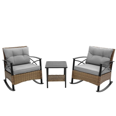 3-Piece Outdoor Rocking Rattan Chair Set with Steel Frame, Grey